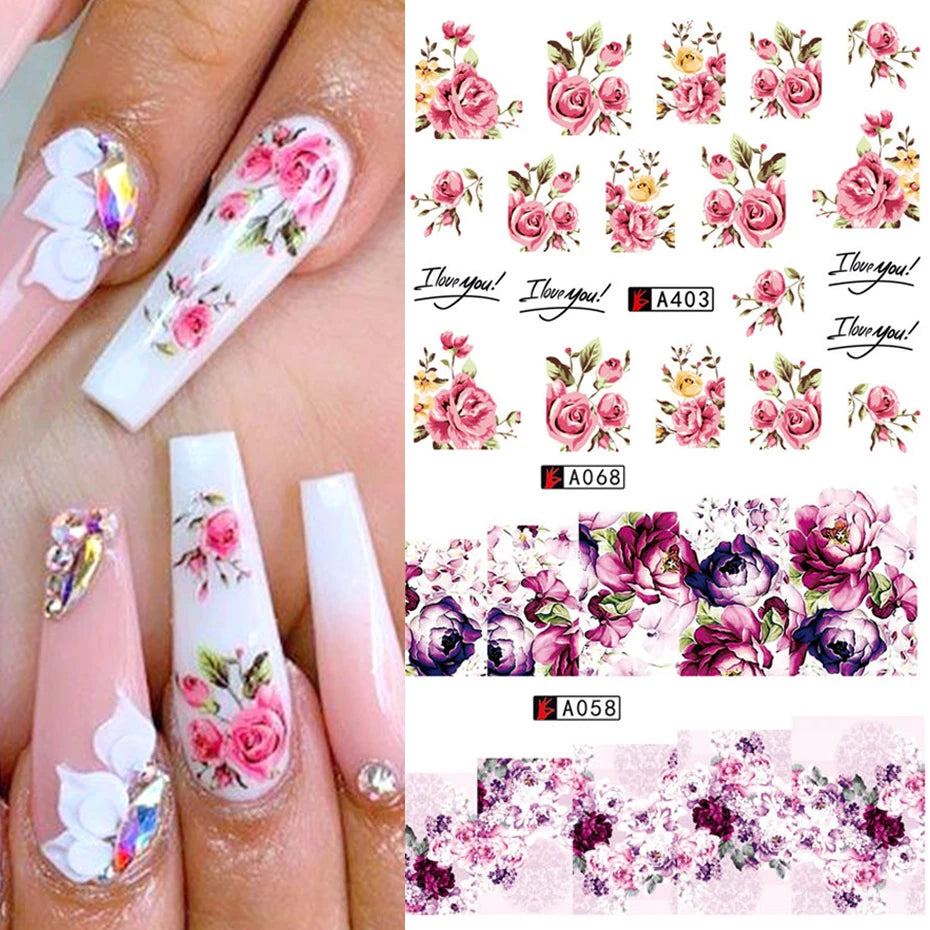 1pcs Flower Series Stickers For Nails Design Water Transfer Decals Foil Wraps Decoration Manicure DIY Slider NFA403