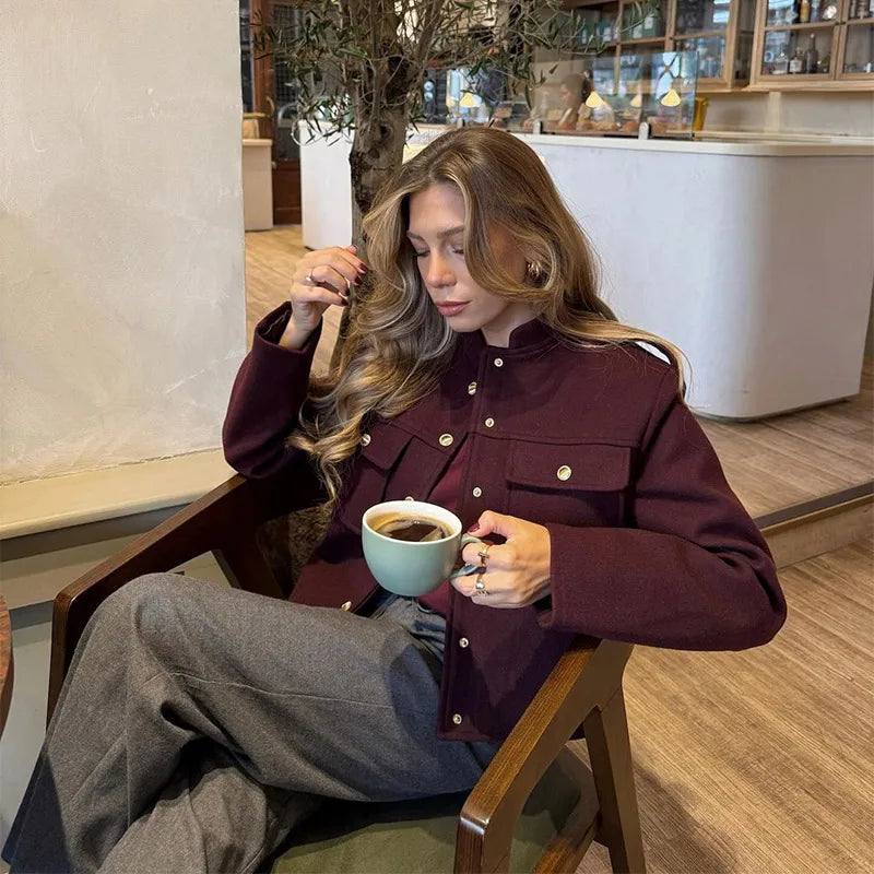 Fashion Metal Single Breasted Burgundy Bomber Jacket Women Stand Collar Long Sleeve Short Coat 2024 Lady Commute Streetwear