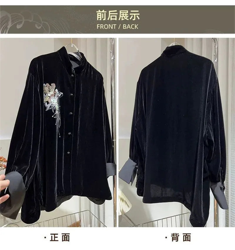 Limiguyue Thin Black Velvet Jacket Women New Chinese Style Embroidery Coat Autumn Winter O-neck Loose Silk Outwear Vintage 455P