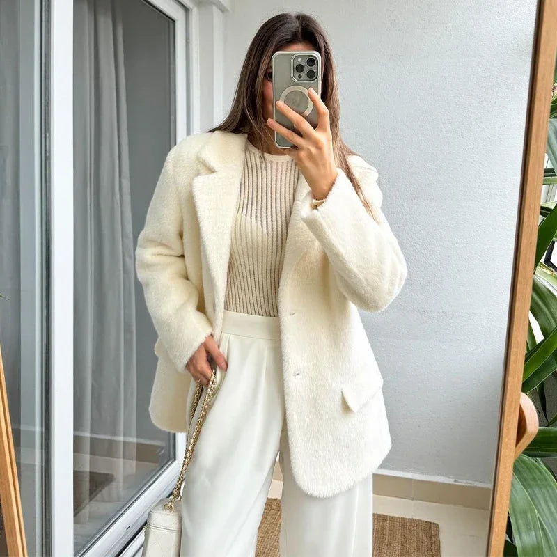 Loose Mohair Blazer Coats Women Chic Lapel Single-breasted Long Sleeve Suit Jackets 2024 Autumn winter Commute Outerwears Lady