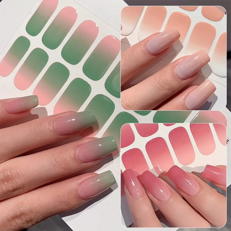 14/16 Strips Gel Nail Stickers Full Cover Nail Patch Gradual Spring And Summer Floristic Nail Stickers Strips DIY Nail Art