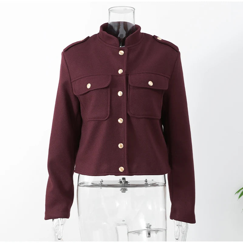 Fashion Metal Single Breasted Burgundy Bomber Jacket Women Stand Collar Long Sleeve Short Coat 2024 Lady Commute Streetwear