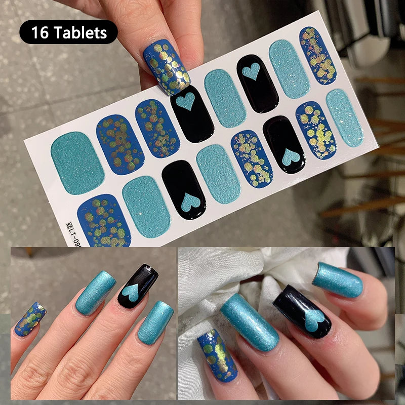 14/16 Strips Gel Nail Stickers Full Cover Nail Patch Gradual Spring And Summer Floristic Nail Stickers Strips DIY Nail Art