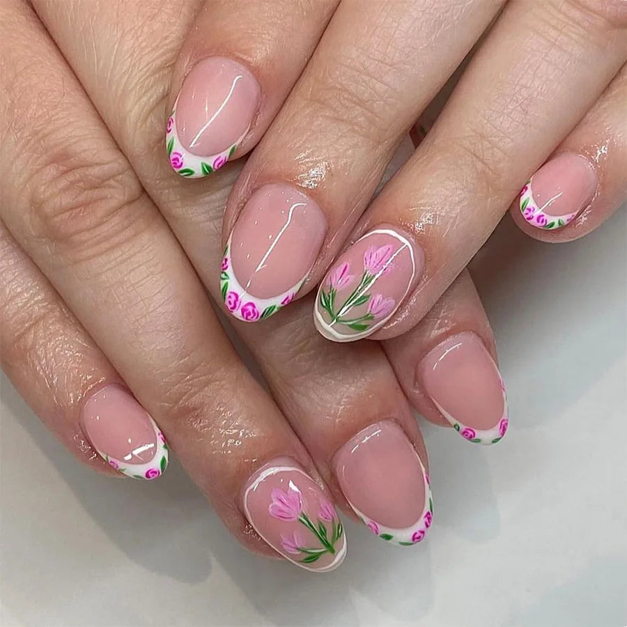 24Pcs Medium Almond Glossy Press-On Nails Chic Peach Blossom Full Cover Fake Nail with White French Tips for Spring&Daily Look