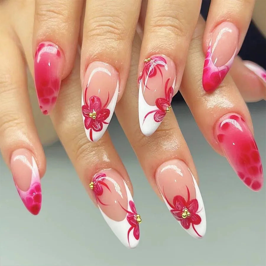 24Pcs Medium Almond Glossy Press-On Nails Chic Peach Blossom Full Cover Fake Nail with White French Tips for Spring&Daily Look