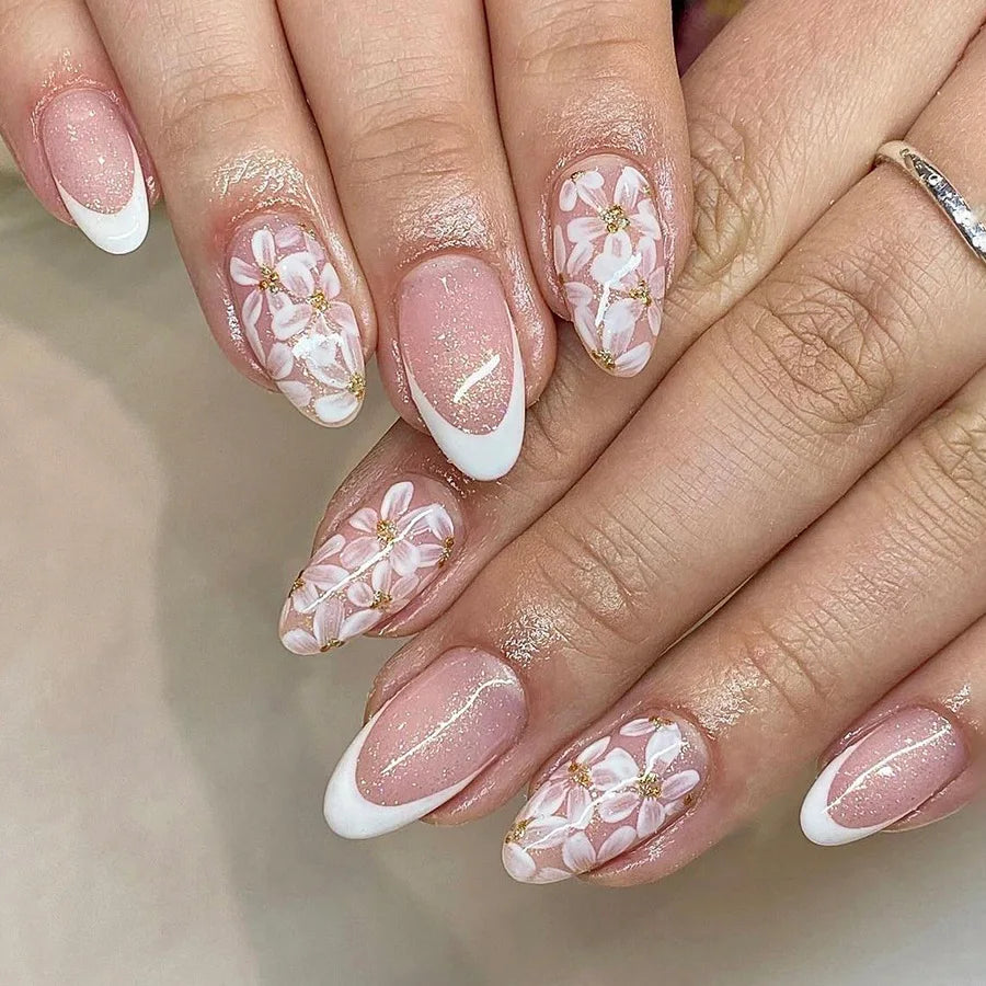 24Pcs Medium Almond Glossy Press-On Nails Chic Peach Blossom Full Cover Fake Nail with White French Tips for Spring&Daily Look