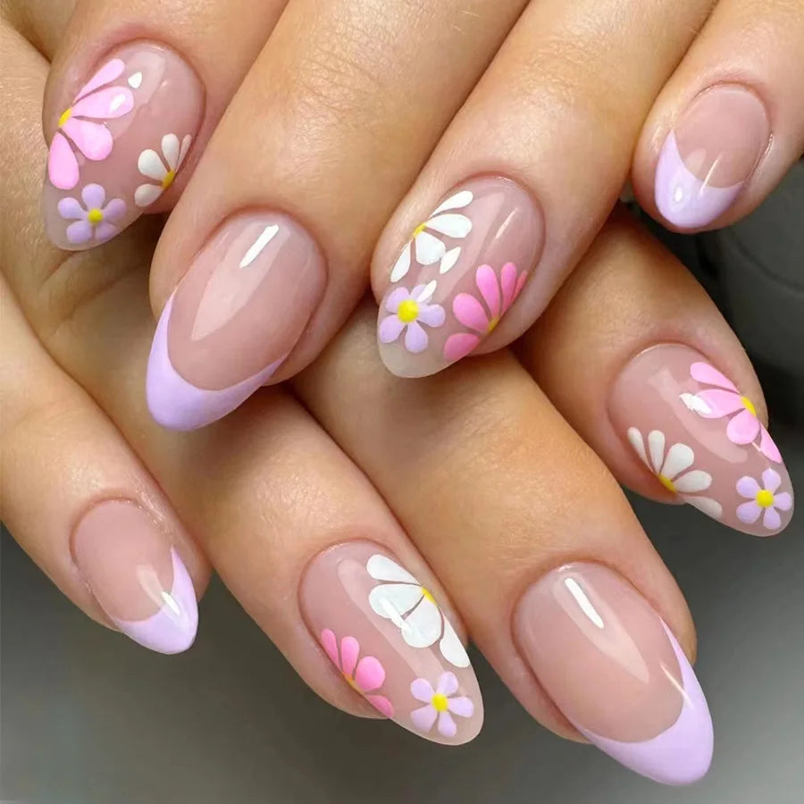 24Pcs Medium Almond Glossy Press-On Nails Chic Peach Blossom Full Cover Fake Nail with White French Tips for Spring&Daily Look