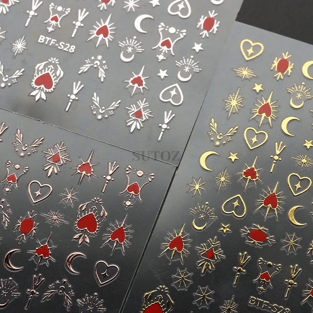 3D Heart Nail Stickers Celestial Nail Decals Gold Silver Star Moon Sliders For Manicure Y2K Design Kawaii Accessories LEBBTF-S28