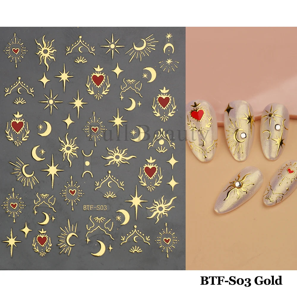 3D Heart Nail Stickers Celestial Nail Decals Gold Silver Star Moon Sliders For Manicure Y2K Design Kawaii Accessories LEBBTF-S28