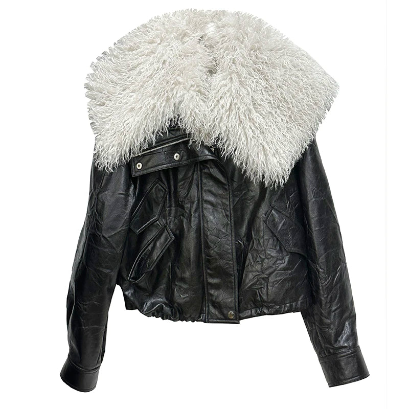 [EAM] Black Big Size PU Leather Jacket New Removable Fur Collar Long Sleeve Women Coat Fashion Tide Spring Autumn 2025 1DH2121