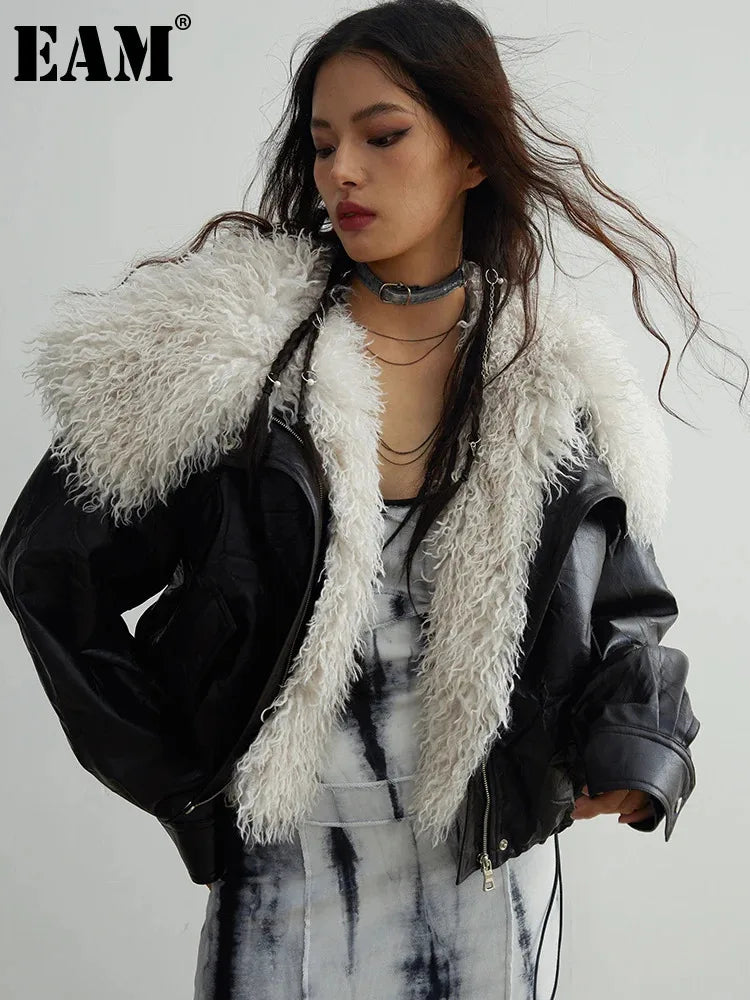 [EAM] Black Big Size PU Leather Jacket New Removable Fur Collar Long Sleeve Women Coat Fashion Tide Spring Autumn 2025 1DH2121