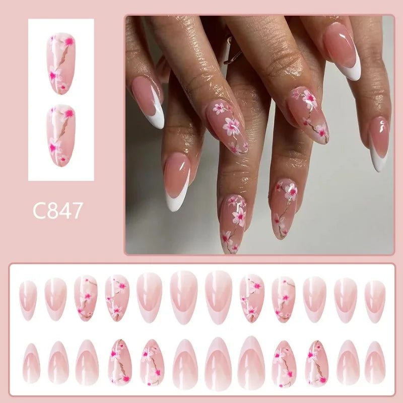 24Pcs Medium Almond Glossy Press-On Nails Chic Peach Blossom Full Cover Fake Nail with White French Tips for Spring&Daily Look