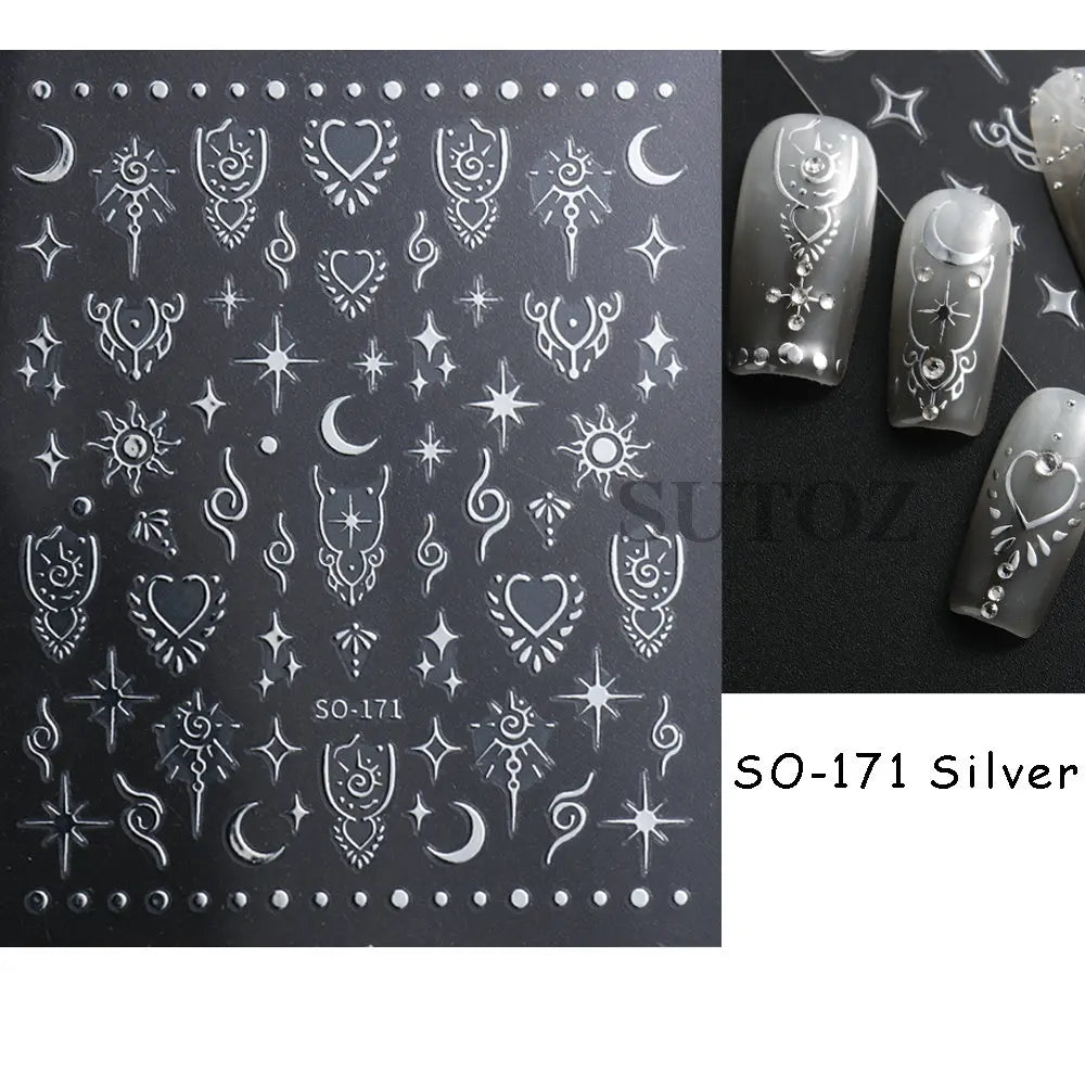 3D Heart Nail Stickers Celestial Nail Decals Gold Silver Star Moon Sliders For Manicure Y2K Design Kawaii Accessories LEBBTF-S28