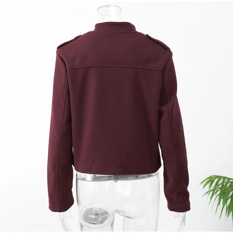 Fashion Metal Single Breasted Burgundy Bomber Jacket Women Stand Collar Long Sleeve Short Coat 2024 Lady Commute Streetwear