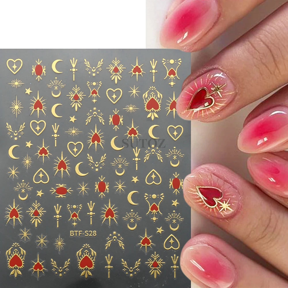 3D Heart Nail Stickers Celestial Nail Decals Gold Silver Star Moon Sliders For Manicure Y2K Design Kawaii Accessories LEBBTF-S28