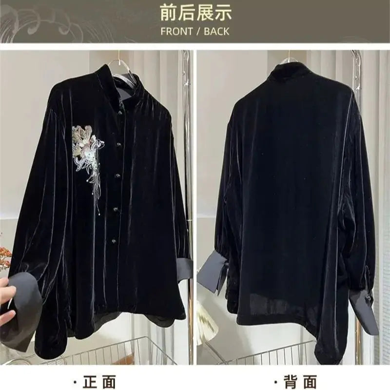 Limiguyue Thin Black Velvet Jacket Women New Chinese Style Embroidery Coat Autumn Winter O-neck Loose Silk Outwear Vintage 455P