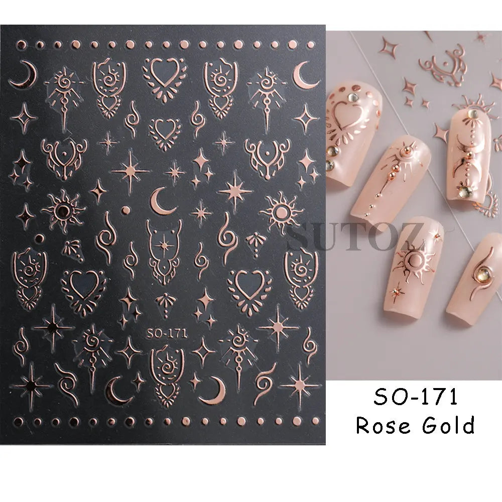 3D Heart Nail Stickers Celestial Nail Decals Gold Silver Star Moon Sliders For Manicure Y2K Design Kawaii Accessories LEBBTF-S28