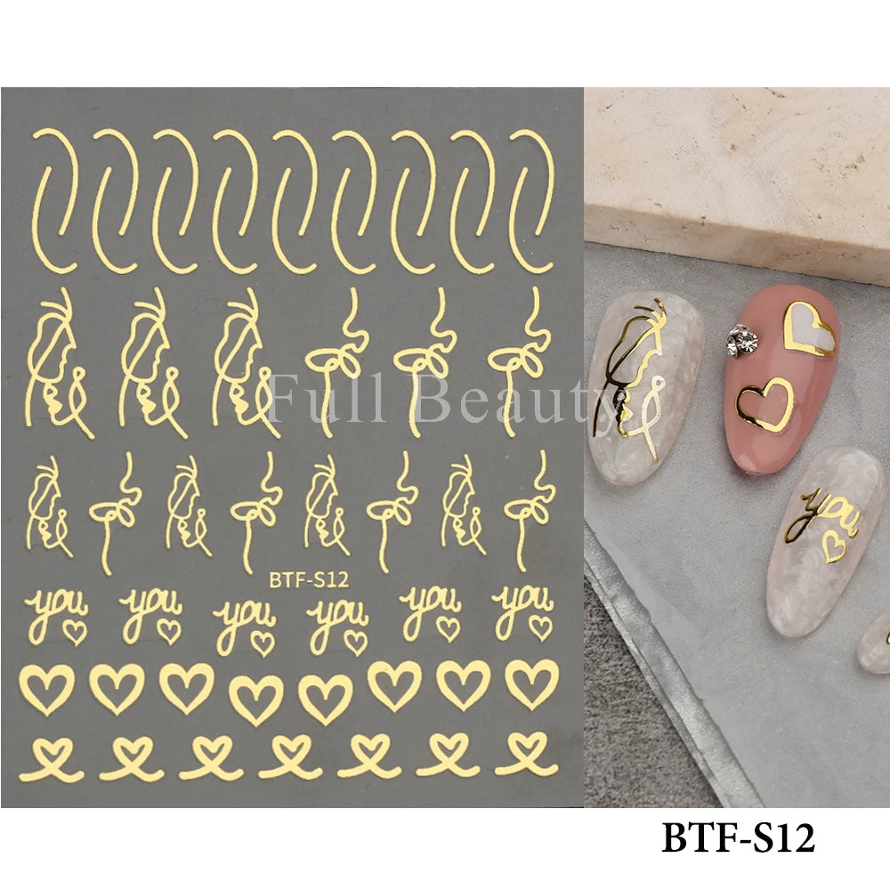 3D Heart Nail Stickers Celestial Nail Decals Gold Silver Star Moon Sliders For Manicure Y2K Design Kawaii Accessories LEBBTF-S28