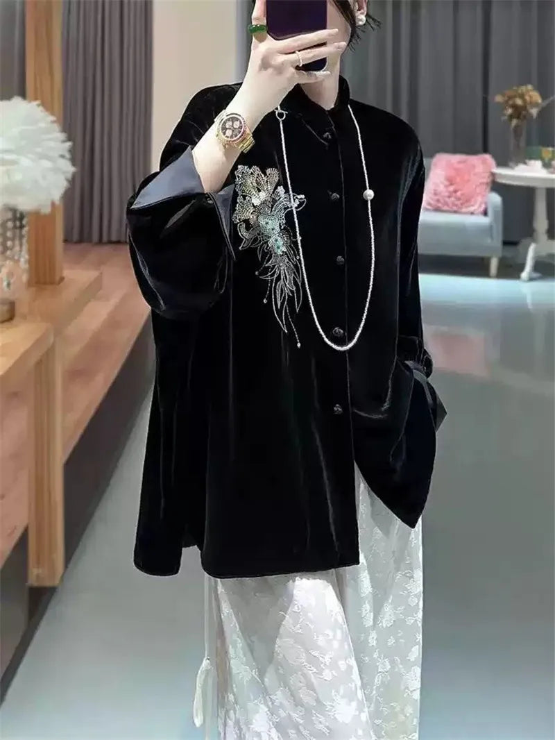 Limiguyue Thin Black Velvet Jacket Women New Chinese Style Embroidery Coat Autumn Winter O-neck Loose Silk Outwear Vintage 455P