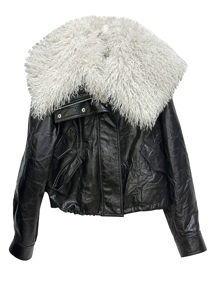 [EAM] Black Big Size PU Leather Jacket New Removable Fur Collar Long Sleeve Women Coat Fashion Tide Spring Autumn 2025 1DH2121