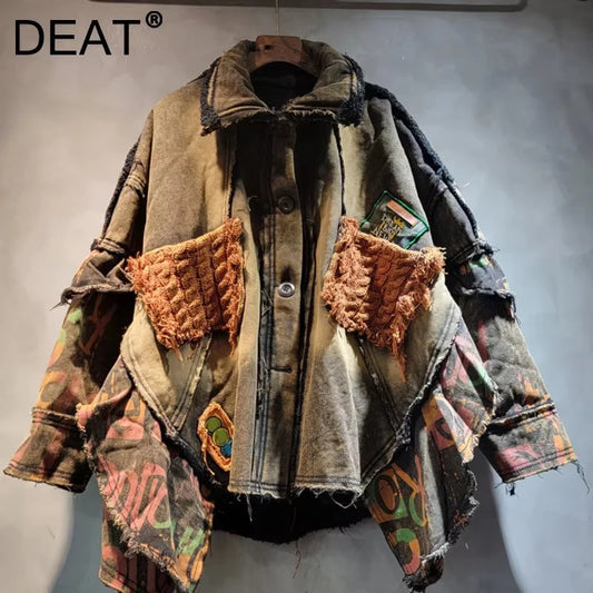 DEAT 2024 Autumn New Trendy Loose Design Worn Thickened Warm Denim Coat For Women Fashion Casual Splicing Jacket Female 11A01292