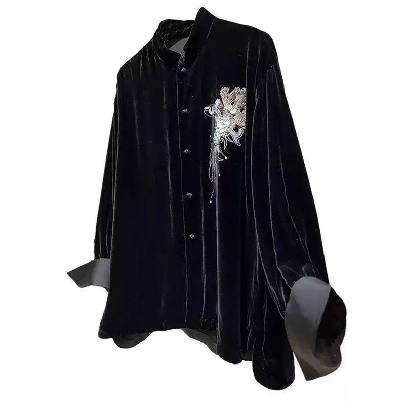 Limiguyue Thin Black Velvet Jacket Women New Chinese Style Embroidery Coat Autumn Winter O-neck Loose Silk Outwear Vintage 455P