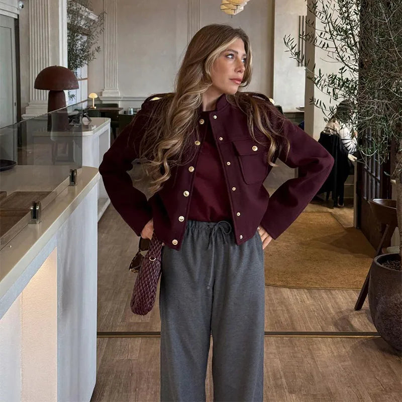 Fashion Metal Single Breasted Burgundy Bomber Jacket Women Stand Collar Long Sleeve Short Coat 2024 Lady Commute Streetwear