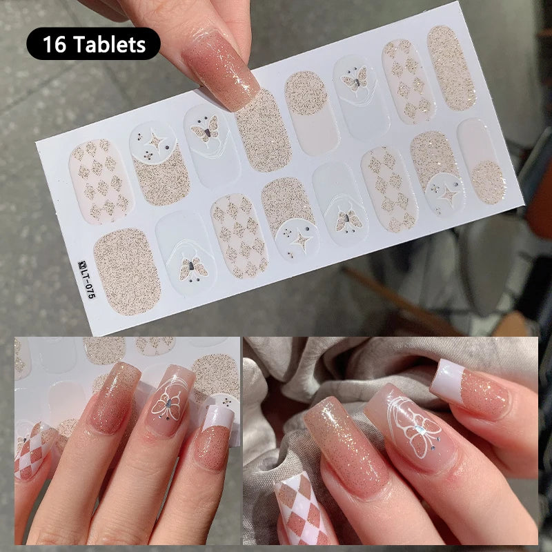 14/16 Strips Gel Nail Stickers Full Cover Nail Patch Gradual Spring And Summer Floristic Nail Stickers Strips DIY Nail Art