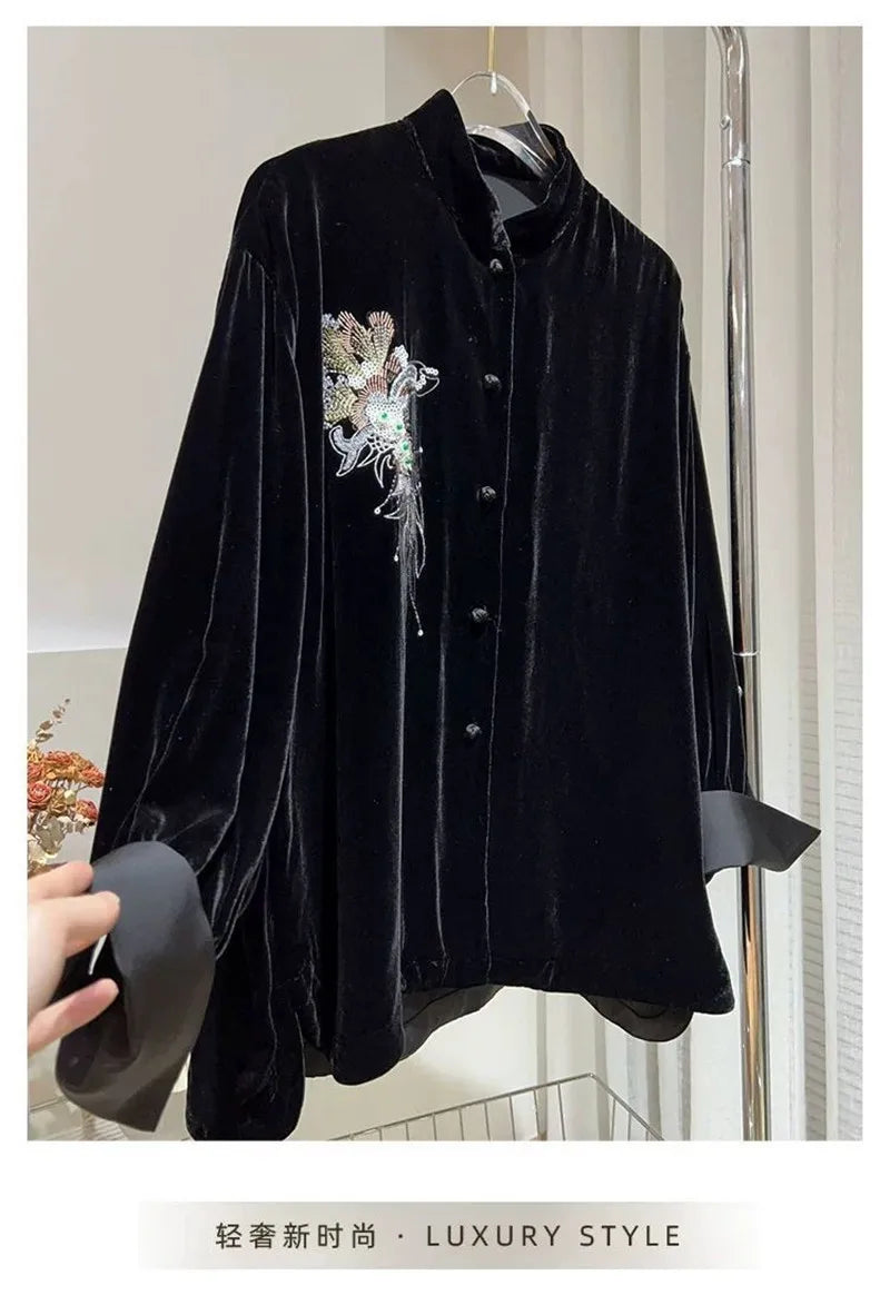 Limiguyue Thin Black Velvet Jacket Women New Chinese Style Embroidery Coat Autumn Winter O-neck Loose Silk Outwear Vintage 455P