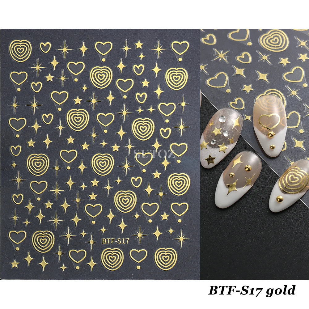 3D Heart Nail Stickers Celestial Nail Decals Gold Silver Star Moon Sliders For Manicure Y2K Design Kawaii Accessories LEBBTF-S28