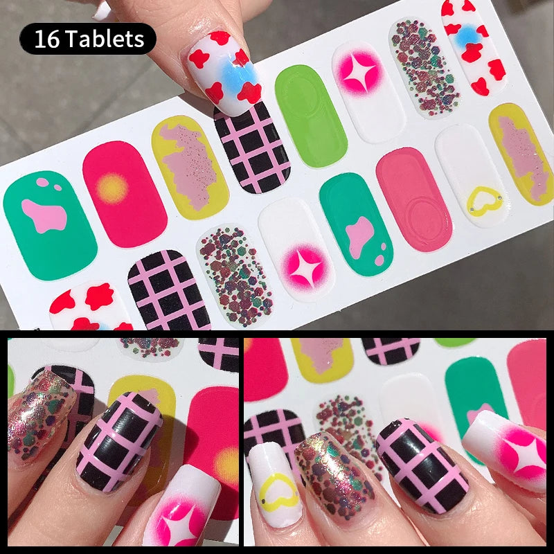 14/16 Strips Gel Nail Stickers Full Cover Nail Patch Gradual Spring And Summer Floristic Nail Stickers Strips DIY Nail Art