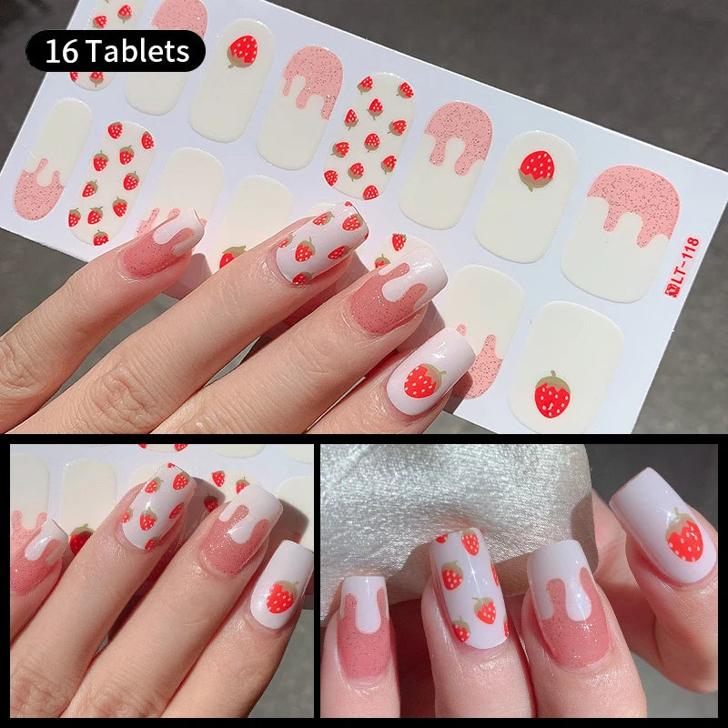 14/16 Strips Gel Nail Stickers Full Cover Nail Patch Gradual Spring And Summer Floristic Nail Stickers Strips DIY Nail Art