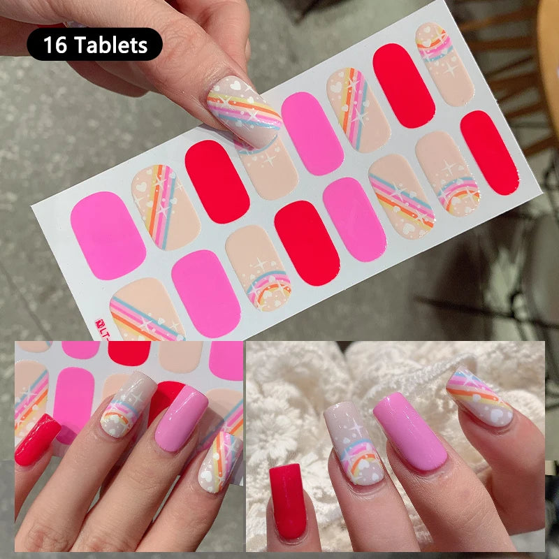 14/16 Strips Gel Nail Stickers Full Cover Nail Patch Gradual Spring And Summer Floristic Nail Stickers Strips DIY Nail Art