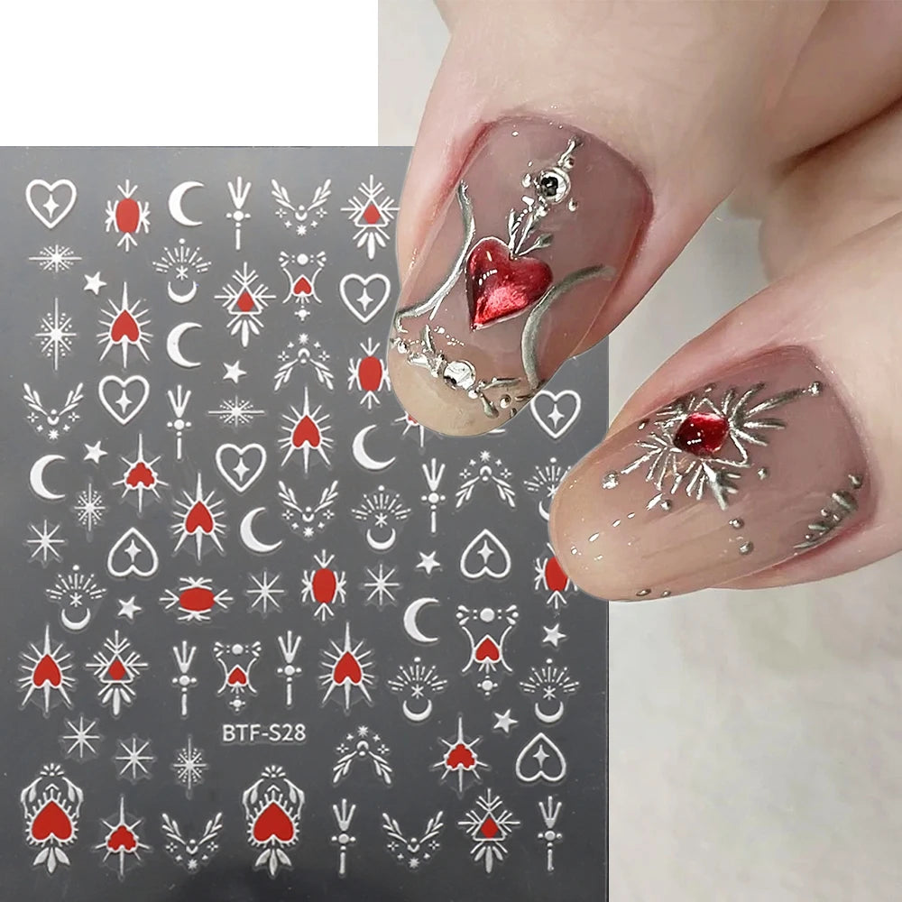 3D Heart Nail Stickers Celestial Nail Decals Gold Silver Star Moon Sliders For Manicure Y2K Design Kawaii Accessories LEBBTF-S28