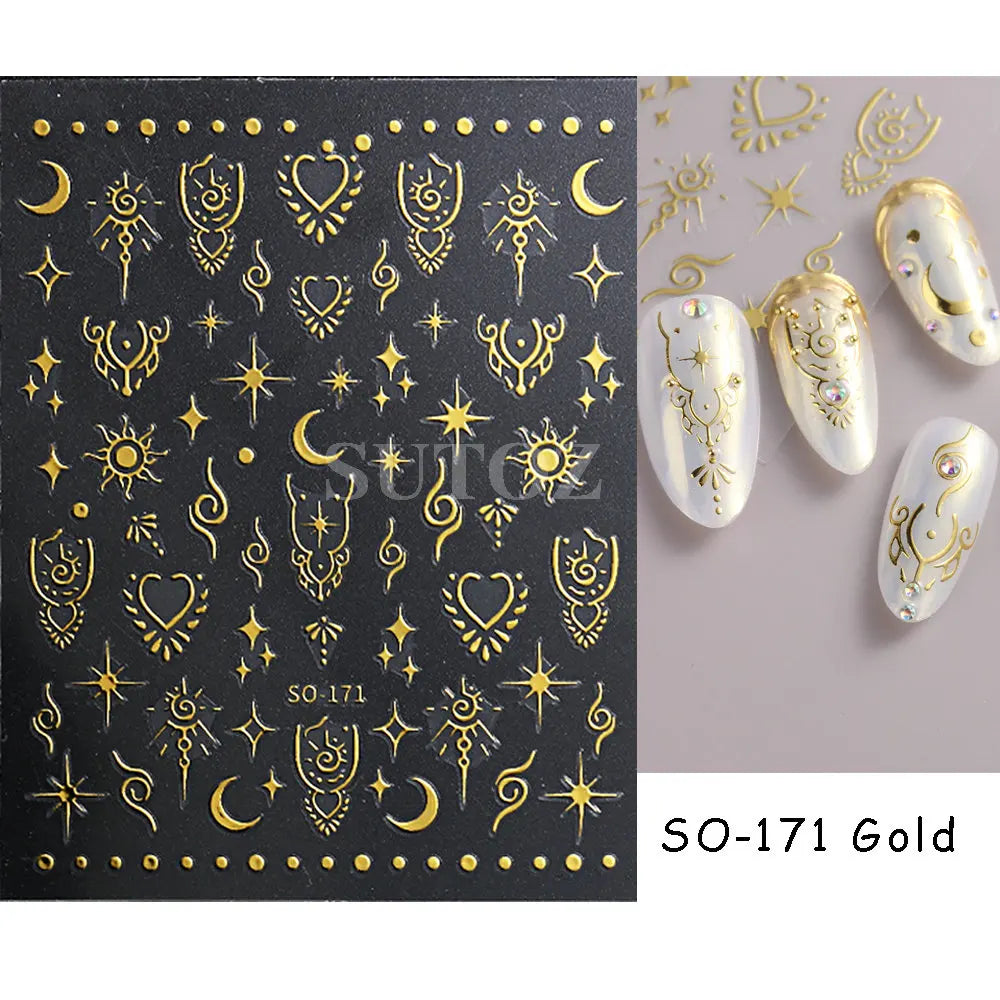 3D Heart Nail Stickers Celestial Nail Decals Gold Silver Star Moon Sliders For Manicure Y2K Design Kawaii Accessories LEBBTF-S28