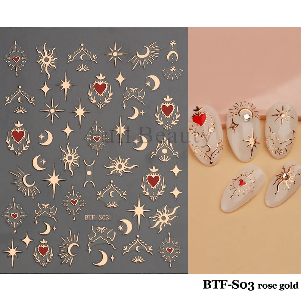 3D Heart Nail Stickers Celestial Nail Decals Gold Silver Star Moon Sliders For Manicure Y2K Design Kawaii Accessories LEBBTF-S28