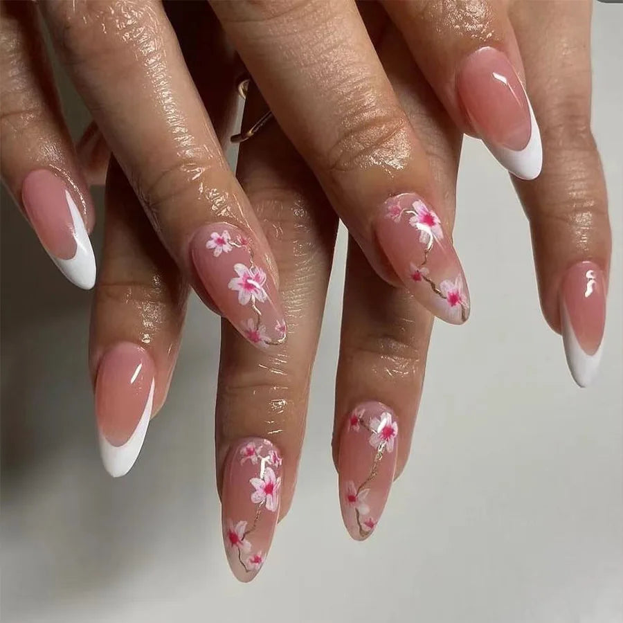 24Pcs Medium Almond Glossy Press-On Nails Chic Peach Blossom Full Cover Fake Nail with White French Tips for Spring&Daily Look