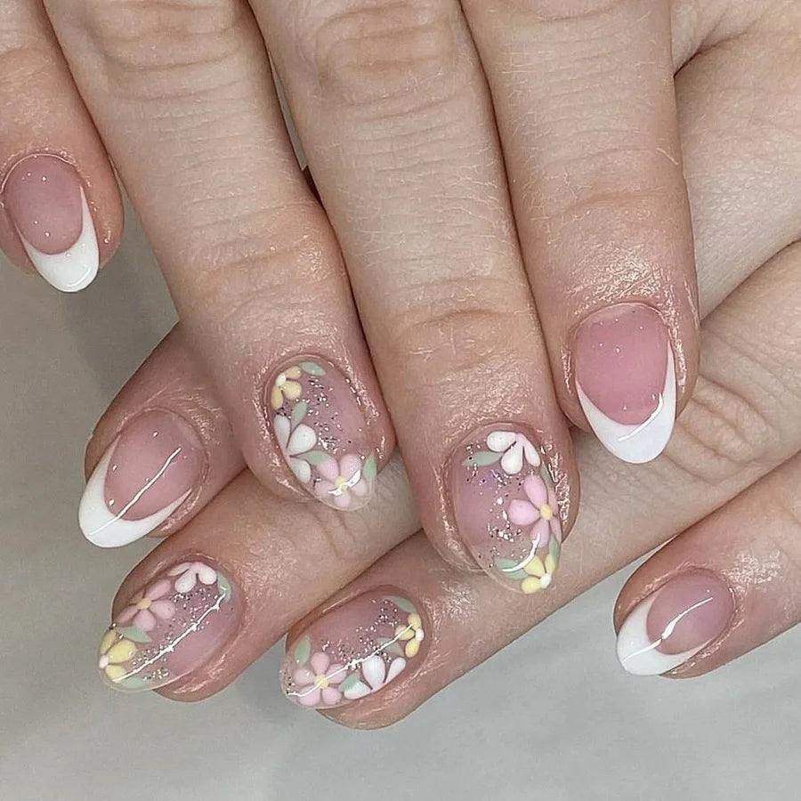 24Pcs Medium Almond Glossy Press-On Nails Chic Peach Blossom Full Cover Fake Nail with White French Tips for Spring&Daily Look