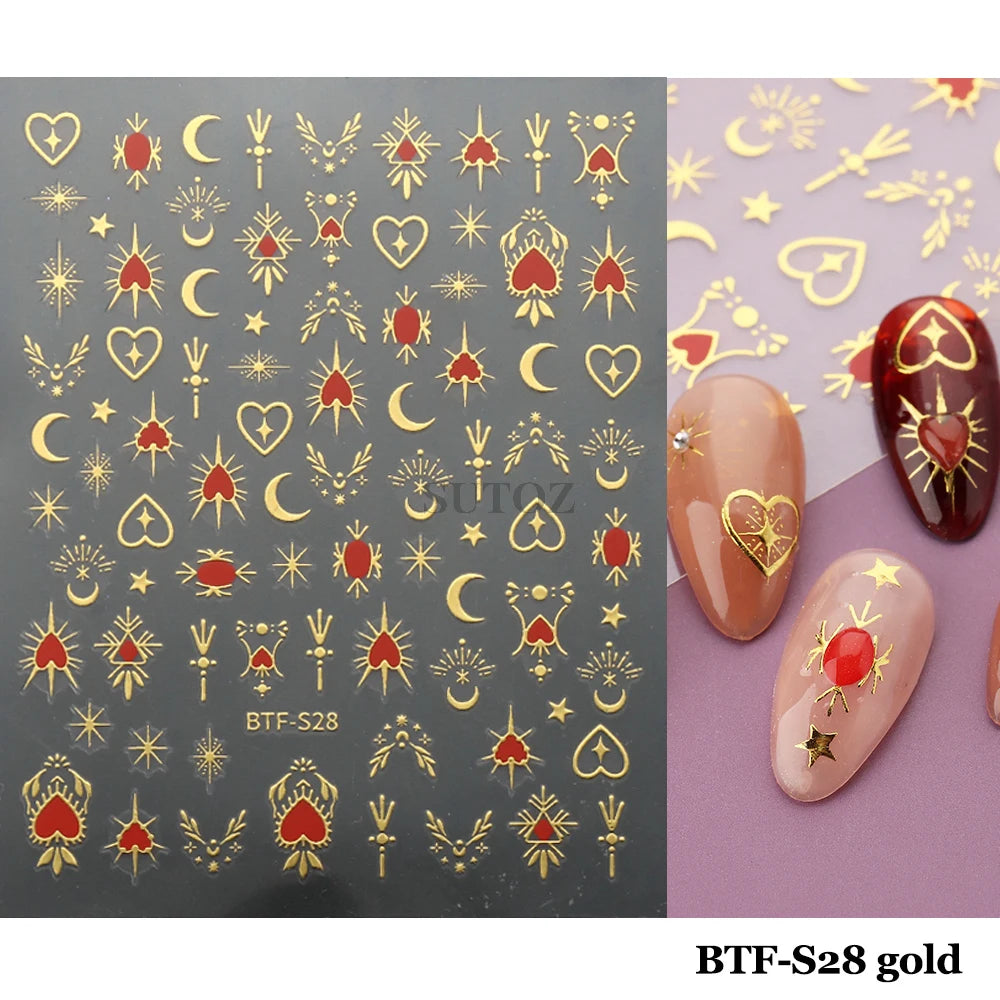 3D Heart Nail Stickers Celestial Nail Decals Gold Silver Star Moon Sliders For Manicure Y2K Design Kawaii Accessories LEBBTF-S28