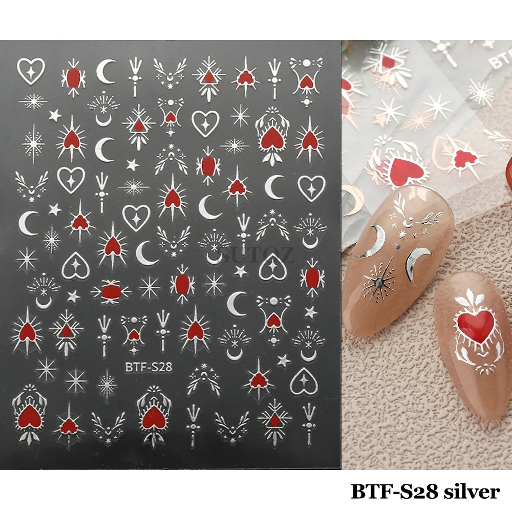 3D Heart Nail Stickers Celestial Nail Decals Gold Silver Star Moon Sliders For Manicure Y2K Design Kawaii Accessories LEBBTF-S28