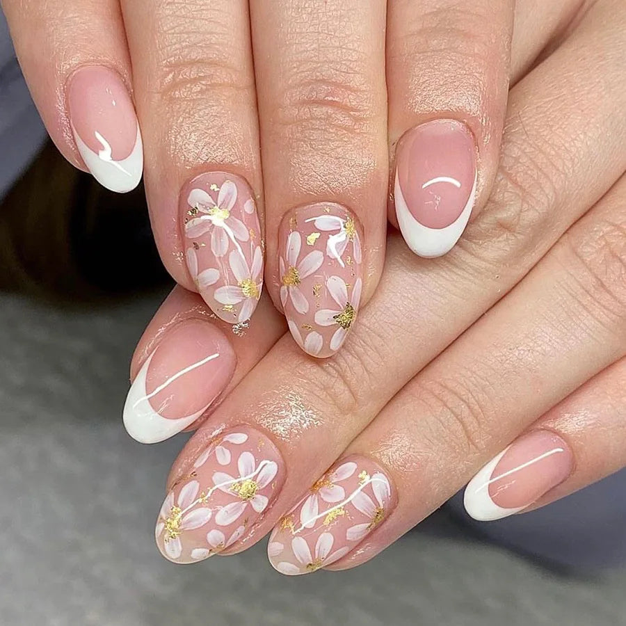 24Pcs Medium Almond Glossy Press-On Nails Chic Peach Blossom Full Cover Fake Nail with White French Tips for Spring&Daily Look