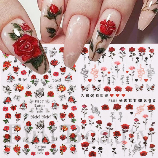 1pcs Spring Nail Stickers Red White Rose Floral Design Sliders Leaves Lines Decals 3D Self-adhesive Nail Art Decorations NFF854