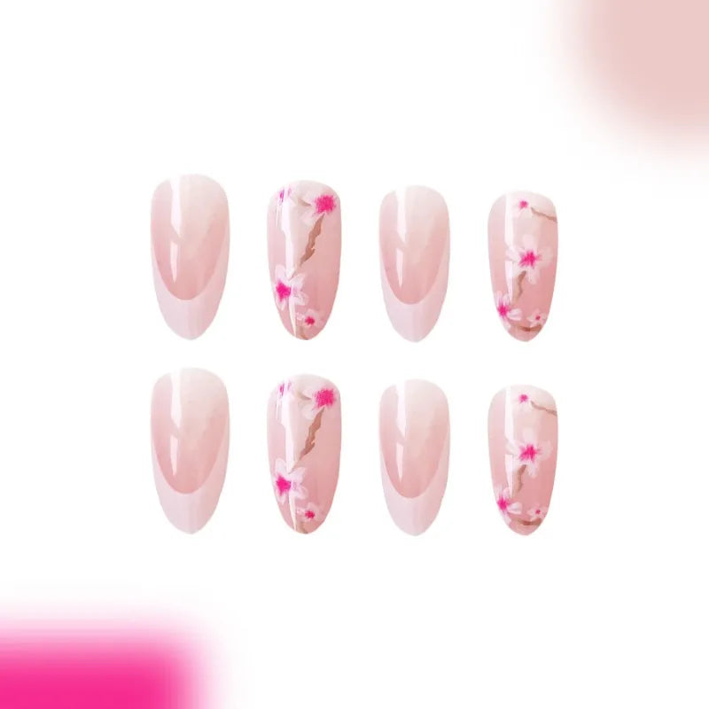 24Pcs Medium Almond Glossy Press-On Nails Chic Peach Blossom Full Cover Fake Nail with White French Tips for Spring&Daily Look